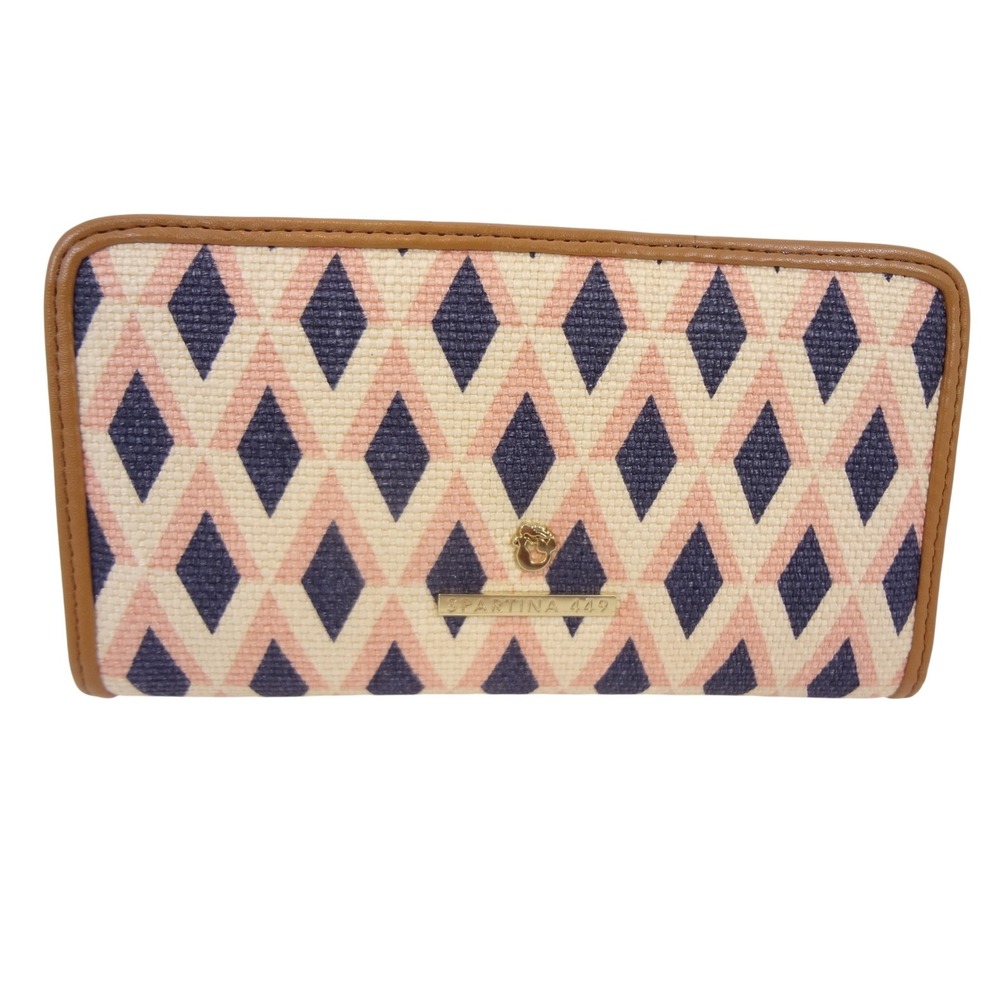 Spartina 449 Bifold Wallet Pink Navy Linen Leather Excellent Geometric